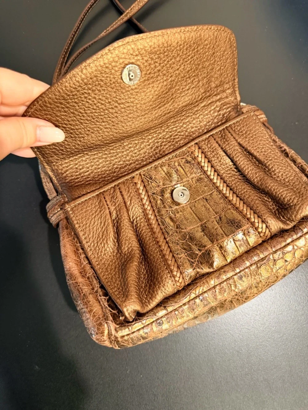 BRIGHTON Heraldic Heart Organizer Crossbody Bag with attached wallet, bronze